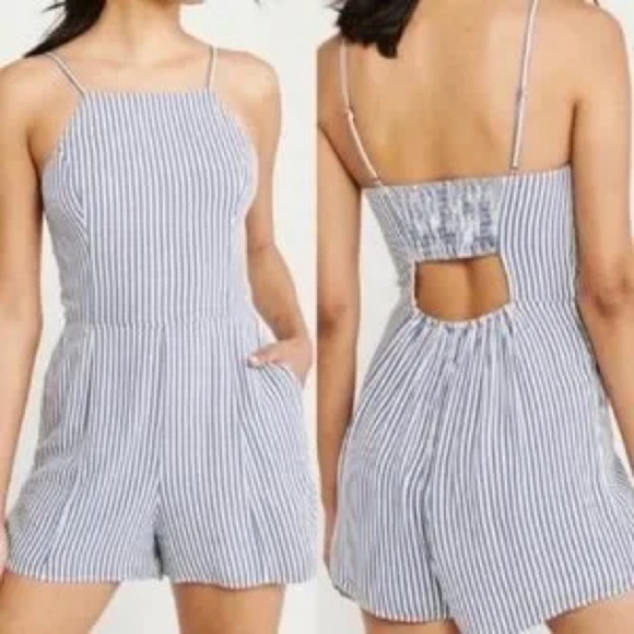 Abercrombie & Fitch Pants - Abercrombie & Fitch Striped Romper Smocked Open Back Jumper Blue White Shorts